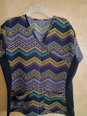 Divine stretch scrub top black teal gold Large